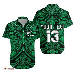 Custom Text and Number New Zealand Silver Fern Rugby Hawaiian Shirt All Black Green NZ Maori Pattern
