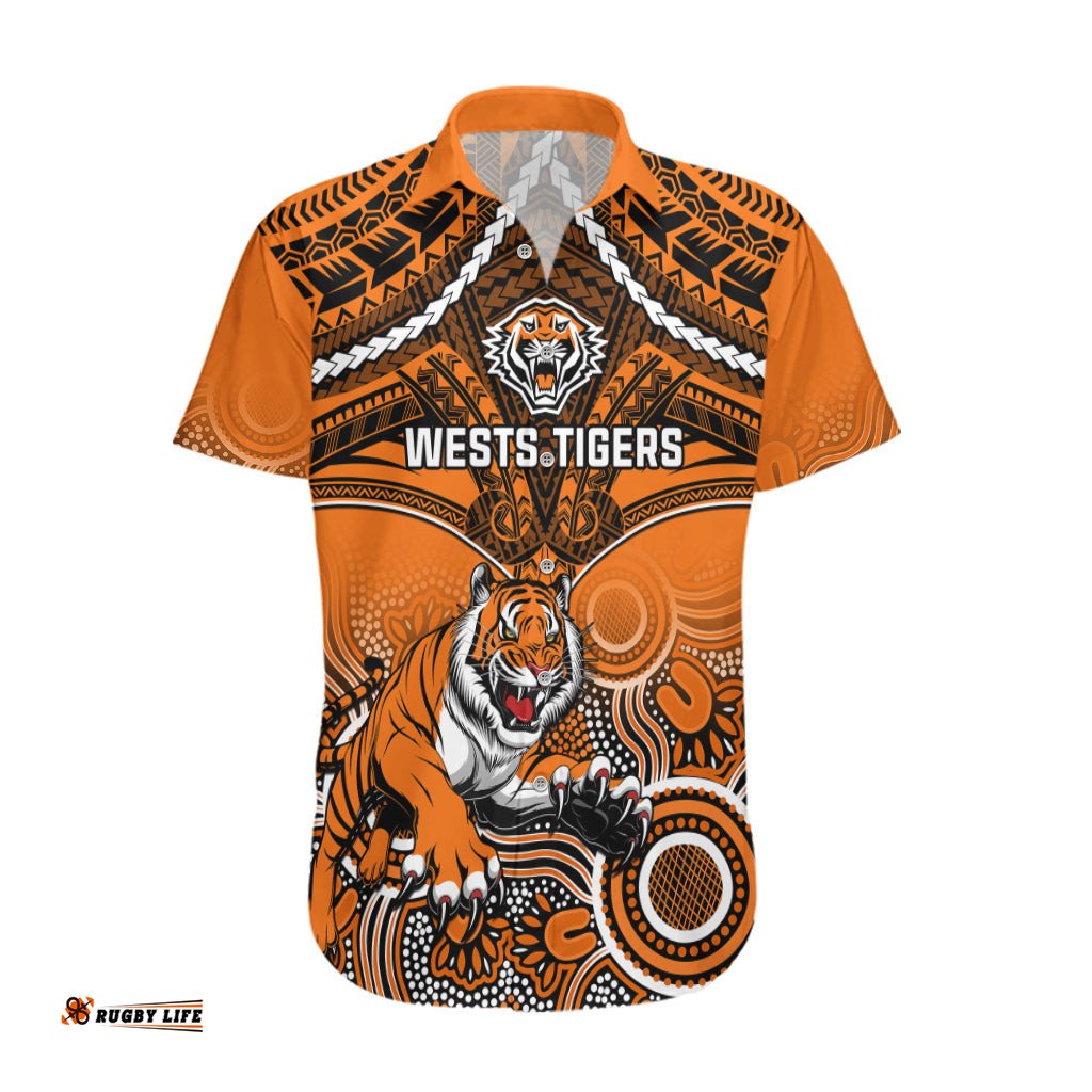 Personalised Tigers Rugby Hawaiian Shirt Aboriginal Mix Polynesian Pattern