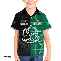 Personalised New Zealand Mix Ireland Rugby Hawaiian Shirt Celtic Knot Mix Silver Ferns