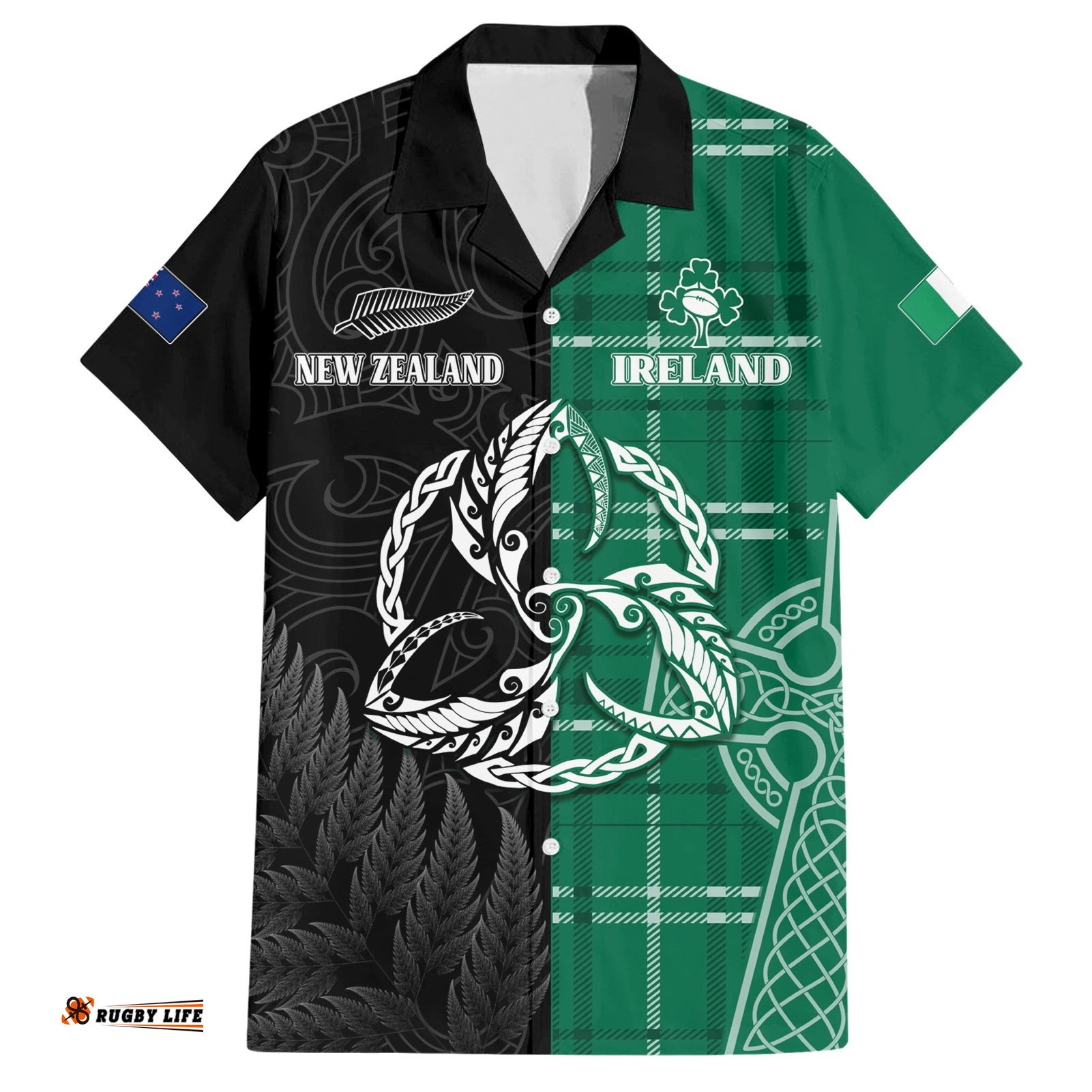Personalised New Zealand Mix Ireland Rugby Hawaiian Shirt Celtic Knot Mix Silver Ferns