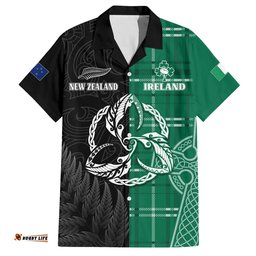 Personalised New Zealand Mix Ireland Rugby Hawaiian Shirt Celtic Knot Mix Silver Ferns