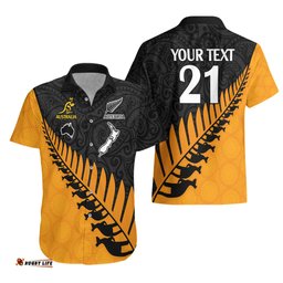 Custom Australia Wallabies and Aotearoa Rugby Hawaiian Shirt Kangaroo Black Fern Maori Gold Vibe