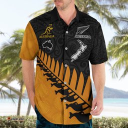 Custom Australia Wallabies and Aotearoa Rugby Hawaiian Shirt Kangaroo Black Fern Maori Gold Vibe