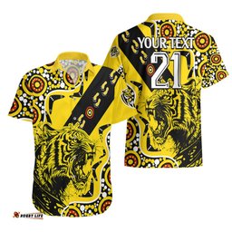 Custom Text And Number Richmond Tigers Football Hawaiian Shirt Angry Tiger Roaring Aboriginal Boomerang and Dots Art