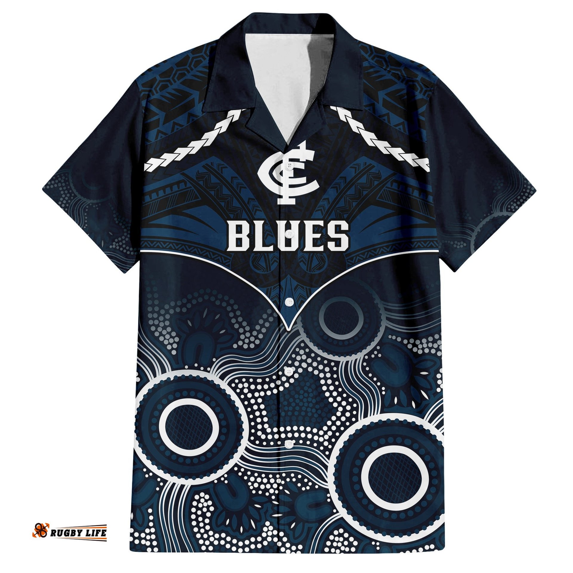 Carlton Football Hawaiian Shirt Blues Aboriginal Mix Polynesian Pattern