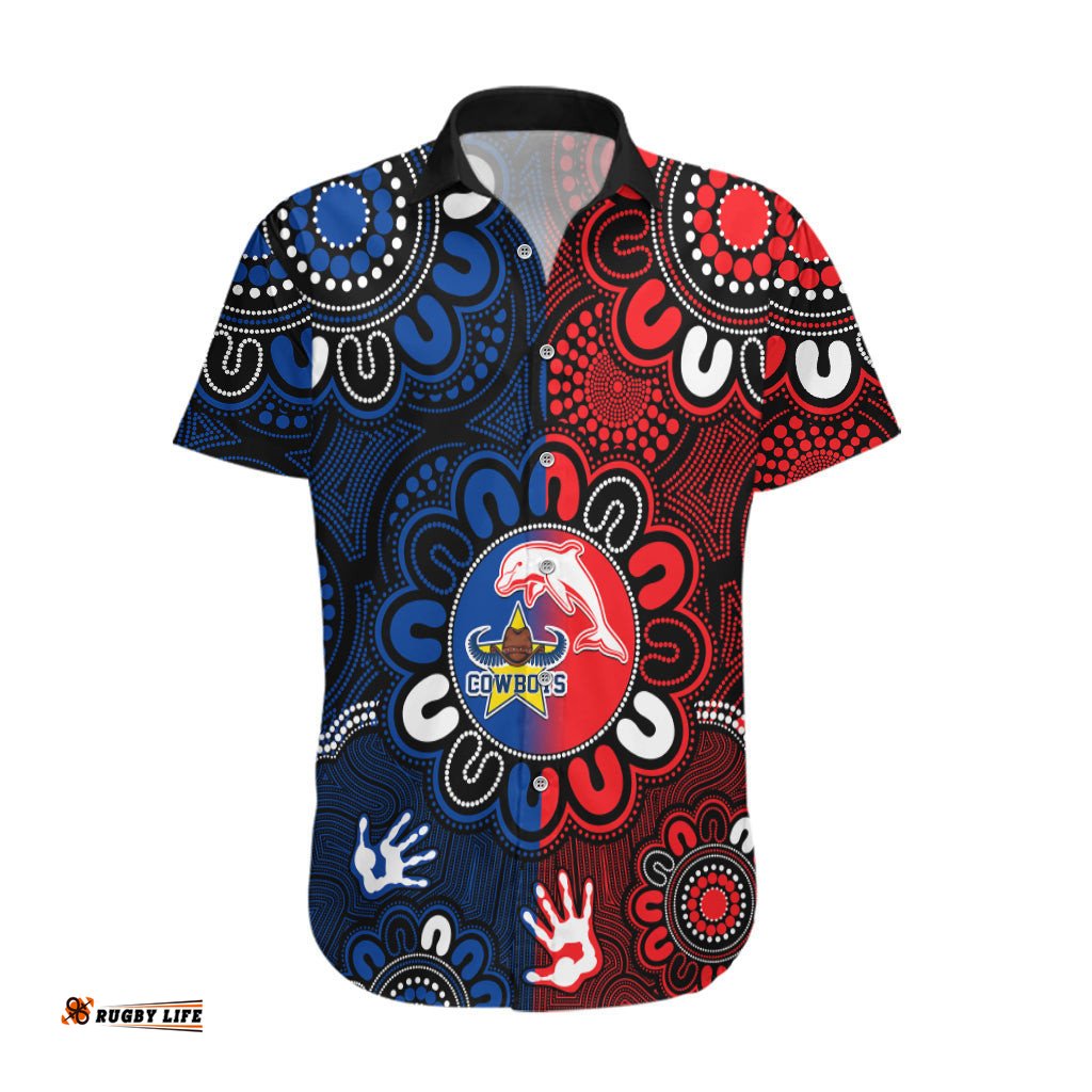 NRL Dolphins Combine Cowboys Rugby Hawaiian Shirt Indigenous Aboriginal Style