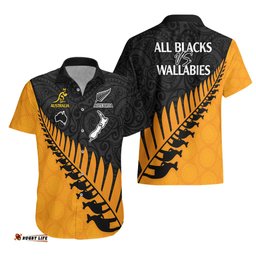 Australia Wallabies and Aotearoa Rugby Hawaiian Shirt Kangaroo Black Fern Maori Gold Vibe