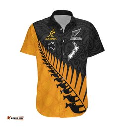 Australia Wallabies and Aotearoa Rugby Hawaiian Shirt Kangaroo Black Fern Maori Gold Vibe
