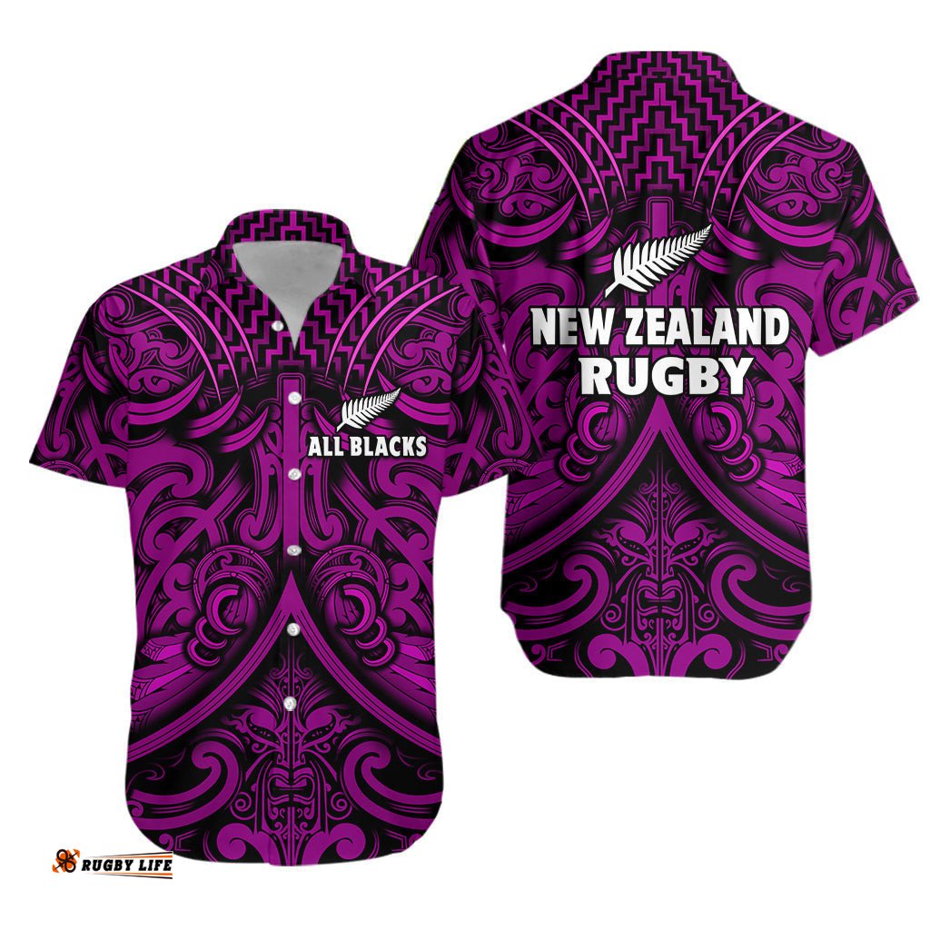 New Zealand Silver Fern Rugby Hawaiian Shirt All Black Purple NZ Maori Pattern
