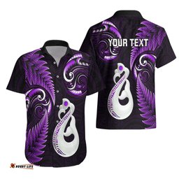 Personalised New Zealand Hawaiian Shirt Aotearoa Silver Fern With Manaia Maori Unique Purple