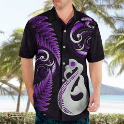 Personalised New Zealand Hawaiian Shirt Aotearoa Silver Fern With Manaia Maori Unique Purple