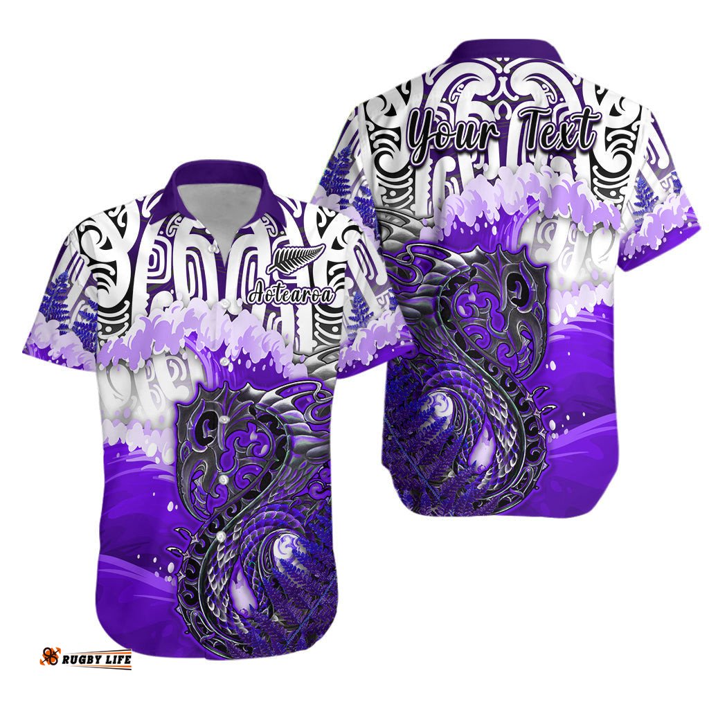 Custom Personalised Manaia Maori Hawaiian Shirt Fern Aotearoa Purple Waves