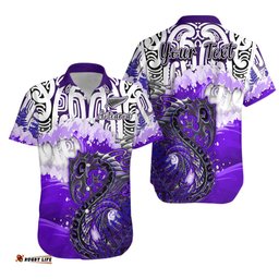 Custom Personalised Manaia Maori Hawaiian Shirt Fern Aotearoa Purple Waves