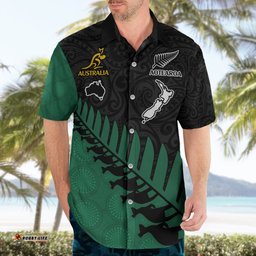 Custom Australia Wallabies and Aotearoa Rugby Hawaiian Shirt Kangaroo Black Fern Maori Green Vibe