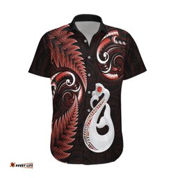 Personalised New Zealand Hawaiian Shirt Aotearoa Silver Fern With Manaia Maori Unique Red