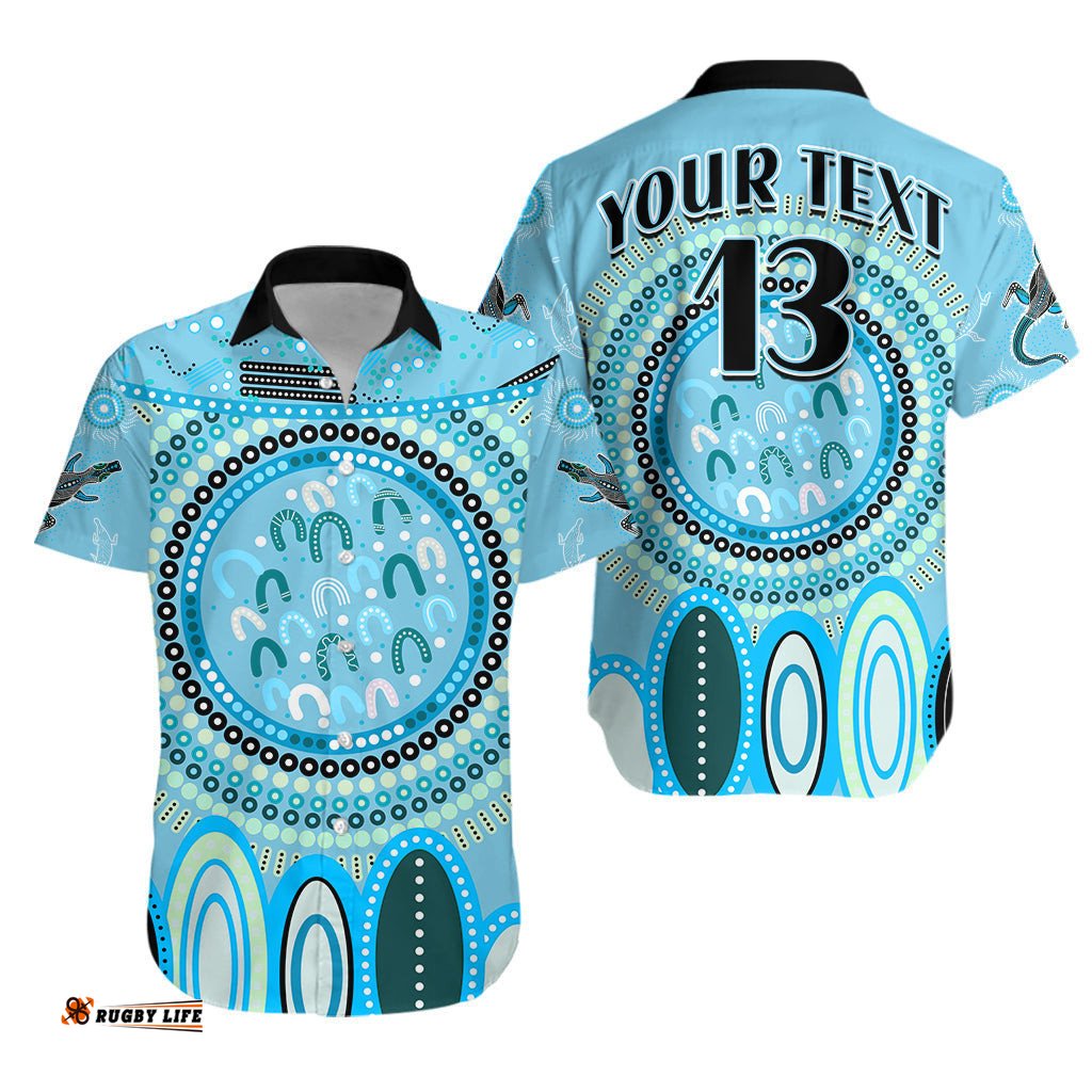 Custom Text and Number Aboriginal Stand Up Hawaiian Shirt Circle Dot with Lizard Version Blue