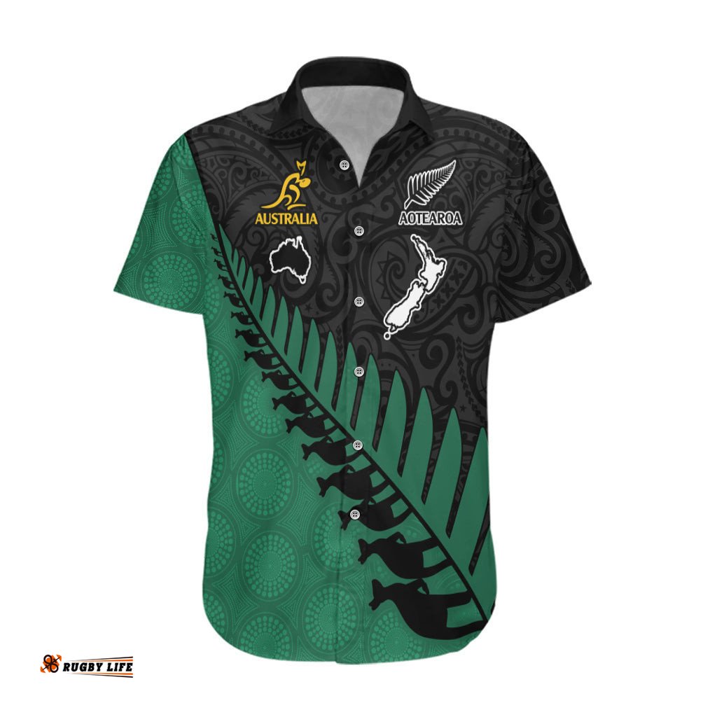 Australia Wallabies and Aotearoa Rugby Hawaiian Shirt Kangaroo Black Fern Maori Green Vibe