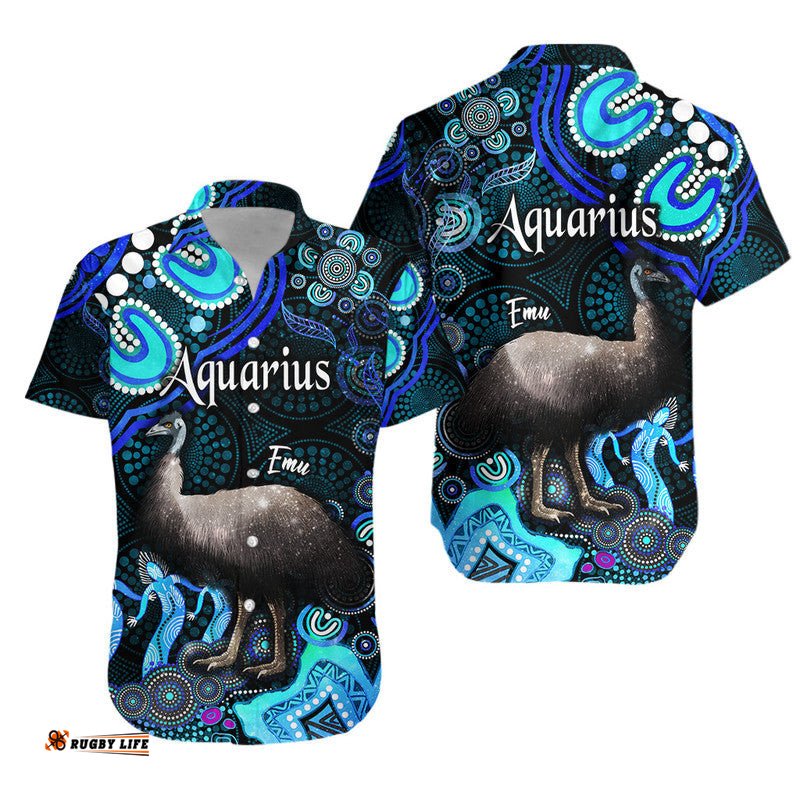Australian Astrology Hawaiian Shirt Aquarius Emu Glider Zodiac Aboriginal Vibes Blue