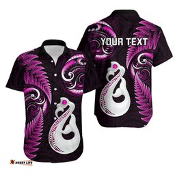 Personalised New Zealand Hawaiian Shirt Aotearoa Silver Fern With Manaia Maori Unique Pink