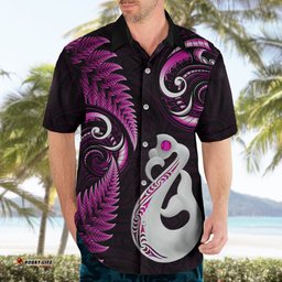 Personalised New Zealand Hawaiian Shirt Aotearoa Silver Fern With Manaia Maori Unique Pink