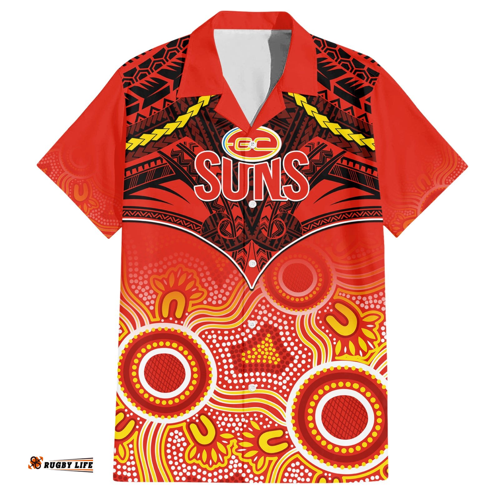 Personalised Gold Coast Football Hawaiian Shirt Suns Aboriginal Mix Polynesian Pattern