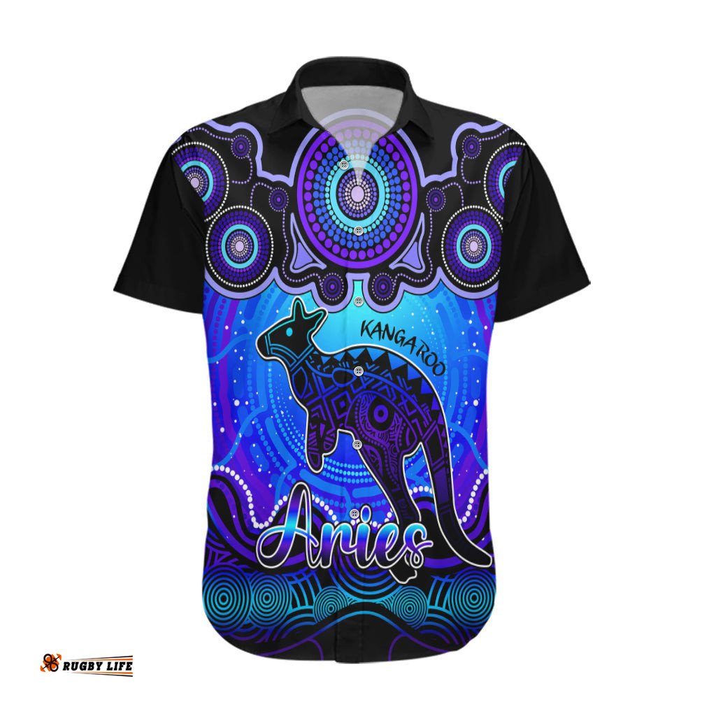 Personalised Australia Aries Kangaroo Zodiac Hawaiian Shirt Auz Astrology Aboriginal Blue