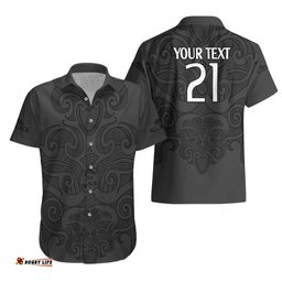 Custom Text And Number New Zealand Rugby Hawaiian Shirt All Black Fern with Maori Tribal Pattern