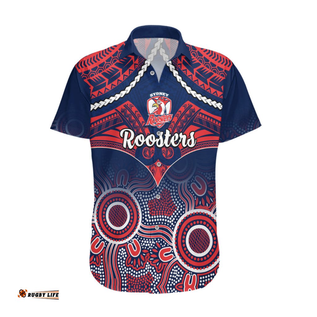 Personalised Roosters Rugby Hawaiian Shirt Tricolours 1908 Aboriginal Mix Polynesian Pattern