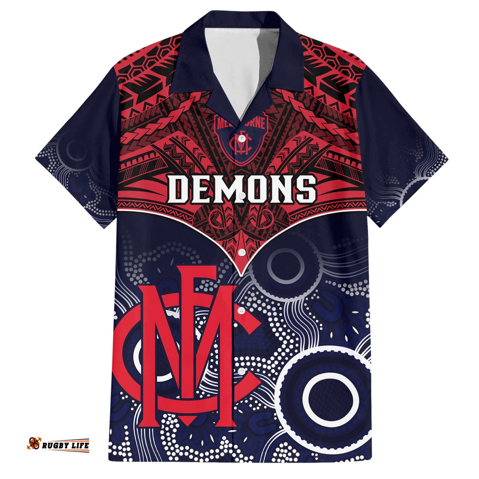 Personalised Melbourne Football Hawaiian Shirt Go Demons Aboriginal Mix Polynesian Pattern