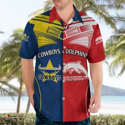 Custom Text And Number NRL Half Dolphins and Half Cowboys Rugby Hawaiian Shirt Sporty Style