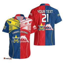 Custom Text And Number NRL Half Dolphins and Half Cowboys Rugby Hawaiian Shirt Sporty Style