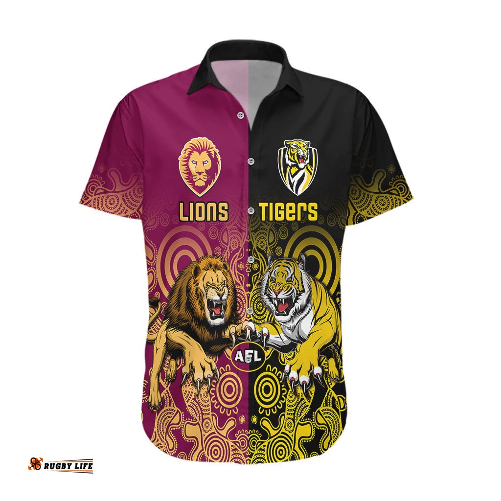 Personalised Richmond And Brisbane Lions Football Hawaiian Shirt Indigenous Art Version