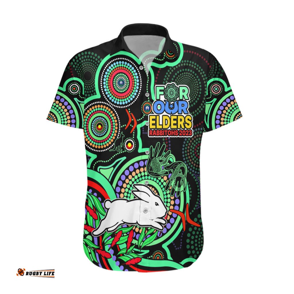 Custom Text And Number NAIDOC Rabbitohs Rugby Hawaiian Shirt The Bunnies Indigenous Tribal