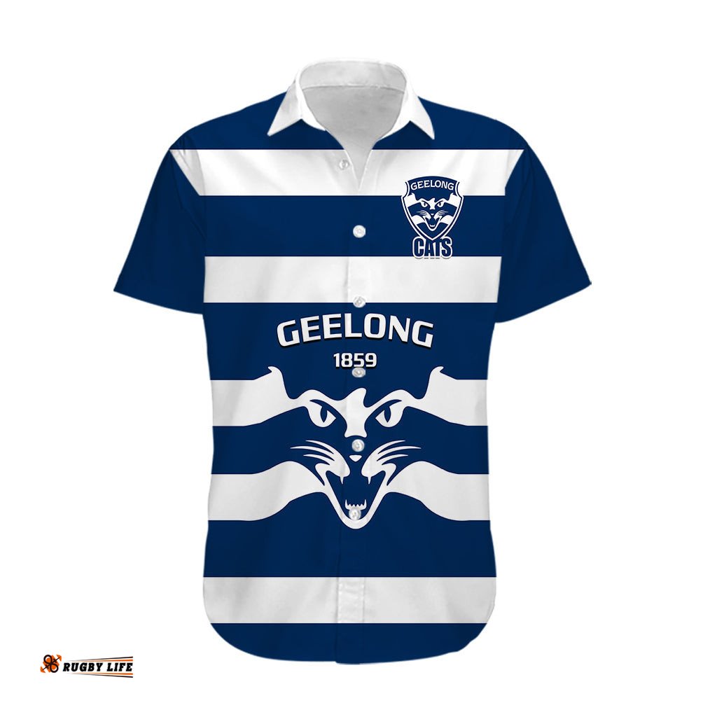 Geelong Football Hawaiian Shirt Go Cats Navy Blue Sporty Style