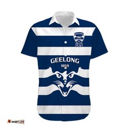 Geelong Football Hawaiian Shirt Go Cats Navy Blue Sporty Style