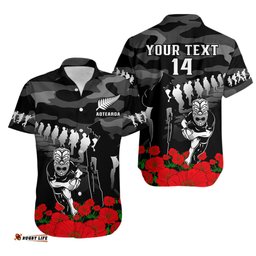 Custom Text And Number New Zealand ANZAC Rugby Hawaiian Shirt Silver Fern All Black Camouflage Mix Poppy