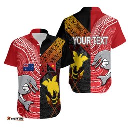 Personalised PNG Hunters Mix Aussie Dolphins Rugby Hawaiian Shirt Motu and Aboriginal HalfHalf