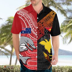 Personalised PNG Hunters Mix Aussie Dolphins Rugby Hawaiian Shirt Motu and Aboriginal HalfHalf