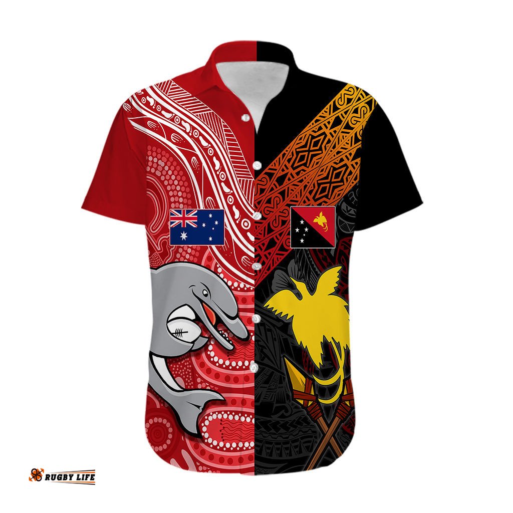 Personalised PNG Hunters Mix Aussie Dolphins Rugby Hawaiian Shirt Motu and Aboriginal HalfHalf