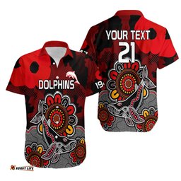 Personalised ANZAC Dolphins Rugby Hawaiian Shirt Indigenous Circles and Waves