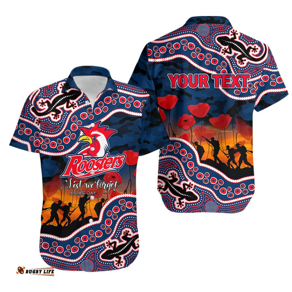 Custom Personalised Anzac Day NRL Rooster Hawaiian Shirt Aboriginal Lizard Patterns