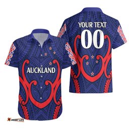 Custom Text And Number New Zealand Auckland Cricket Hawaiian Shirt Polynesian with Maori Koru