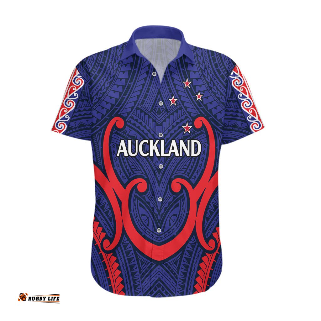 Custom Text And Number New Zealand Auckland Cricket Hawaiian Shirt Polynesian with Maori Koru