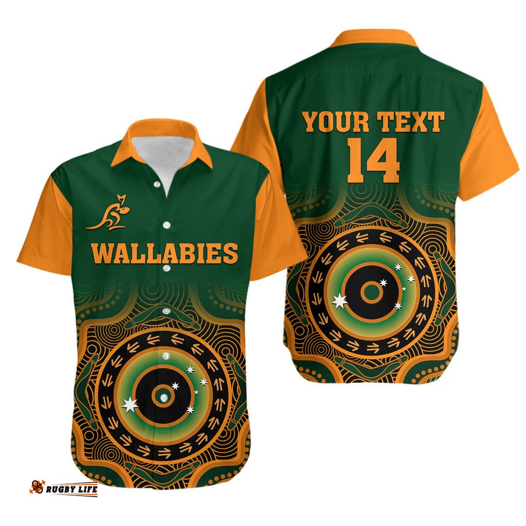 Custom Text And Number Wallabies Rugby Hawaiian Shirt Aussie Go Champions Indigenous Green