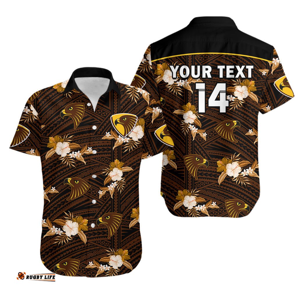 Custom Text And Number Hawthorn Football Hawaiian Shirt Hawks Polynesian Tribal Mix Tropical Hawaiian Style