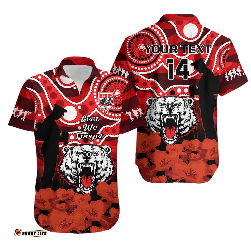 Custom Text And Number North Sydney Rugby ANZAC Hawaiian Shirt Bears Indigenous Mix Camouflage Poppy