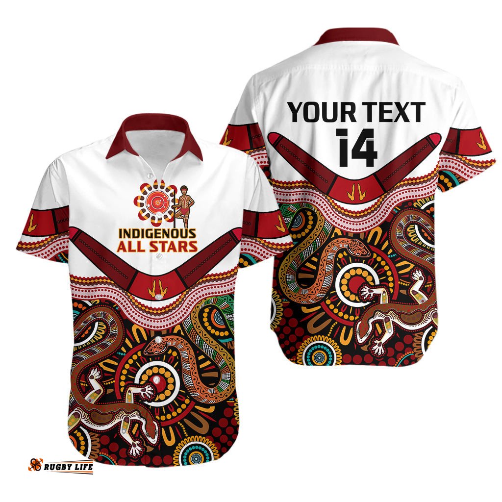 Custom Text And Number Australia Indigenous Rugby Hawaiian Shirt All Stars Aussie Snake And Lizard