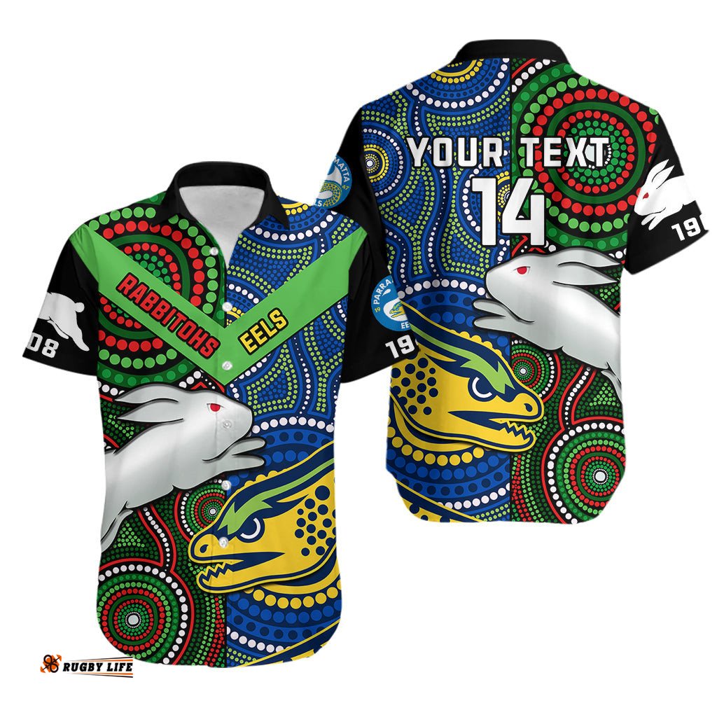 Custom Text And Number Rabbitohs Mix Eels Rugby Hawaiian Shirt Souths And Parra Indigenous