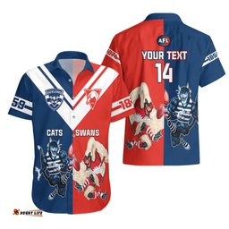 Personalised Swans And Cats Football Hawaiian Shirt Sydney Mix Geelong Sporty Version