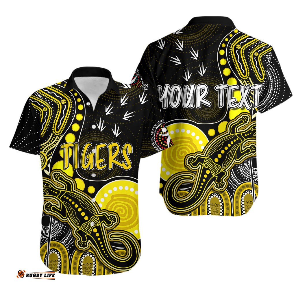 Personalised NAIDOC Week AFL Tigers Hawaiian Shirt Aboriginal Dot Art Lizard Mix Boomerang